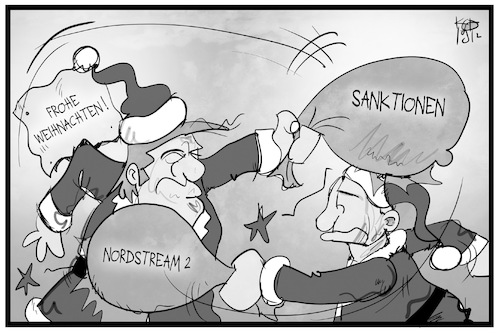 Cartoon: Nordstream 2 (medium) by Kostas Koufogiorgos tagged karikatur,koufogiorgos,illustration,cartoon,nordstream,putin,trump,weihnachten,sanktionen,usa,russland,energie,gas,streit,karikatur,koufogiorgos,illustration,cartoon,nordstream,putin,trump,weihnachten,sanktionen,usa,russland,energie,gas,streit