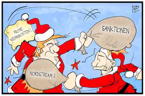 Cartoon: Nordstream 2 (medium) by Kostas Koufogiorgos tagged karikatur,koufogiorgos,illustration,cartoon,nordstream,putin,trump,weihnachten,sanktionen,usa,russland,energie,gas,streit,karikatur,koufogiorgos,illustration,cartoon,nordstream,putin,trump,weihnachten,sanktionen,usa,russland,energie,gas,streit