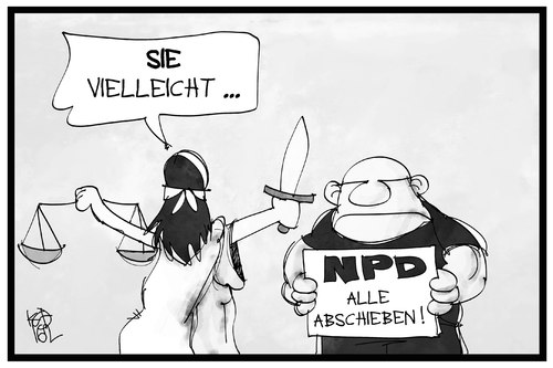 Cartoon: NPD abschieben! (medium) by Kostas Koufogiorgos tagged karikatur,koufogiorgos,illustration,cartoon,npd,partei,neonazi,rechtsextremismus,justitia,abschieben,justiz,gericht,verbot,verbotsferfahren,verfassung,karikatur,koufogiorgos,illustration,cartoon,npd,partei,neonazi,rechtsextremismus,justitia,abschieben,justiz,gericht,verbot,verbotsferfahren,verfassung