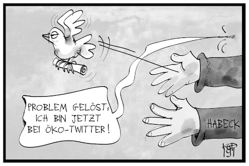 Cartoon: Öko-Twitter (medium) by Kostas Koufogiorgos tagged karikatur,koufogiorgos,illustration,cartoon,habeck,twitter,vogel,öko,grüne,soziale,medien,politik,partei,karikatur,koufogiorgos,illustration,cartoon,habeck,twitter,vogel,öko,grüne,soziale,medien,politik,partei