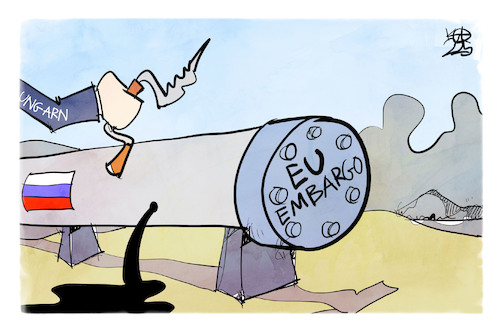 Cartoon: Ölembargo (medium) by Kostas Koufogiorgos tagged karikatur,koufogiorgos,ölembargo,sanktionen,ungarn,sabotage,veto,eu,karikatur,koufogiorgos,ölembargo,sanktionen,ungarn,sabotage,veto,eu