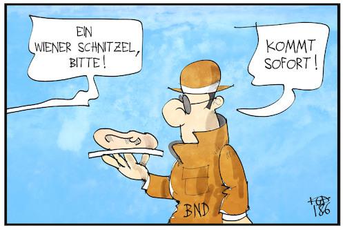 Cartoon: Österreich-Spionage (medium) by Kostas Koufogiorgos tagged karikatur,koufogiorgos,illustration,cartoon,österreich,deutschland,bnd,spionage,schnitzel,ohr,agent,spion,bundesnachrichtendienst,restaurant,kellner,gast,essen,karikatur,koufogiorgos,illustration,cartoon,österreich,deutschland,bnd,spionage,schnitzel,ohr,agent,spion,bundesnachrichtendienst,restaurant,kellner,gast,essen