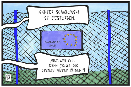 Cartoon: Offene Grenzen (medium) by Kostas Koufogiorgos tagged karikatur,koufogiorgos,illustration,cartoon,eu,europa,grenze,grenzschliessung,grenzöffnung,schabowski,mauer,mauerfall,politik,zaun,karikatur,koufogiorgos,illustration,cartoon,eu,europa,grenze,grenzschliessung,grenzöffnung,schabowski,mauer,mauerfall,politik,zaun