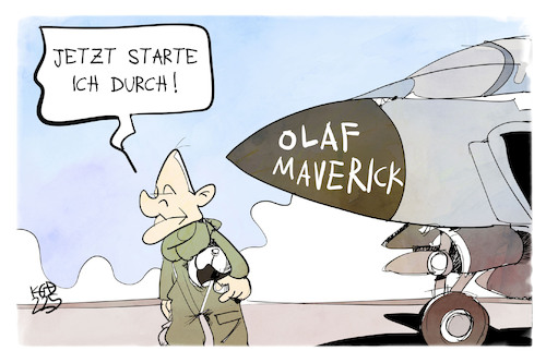 Cartoon: Olaf Maverick (medium) by Kostas Koufogiorgos tagged karikatur,koufogiorgos,flugzeug,kampfjet,scholz,bundeskanzler,pilot,topgun,karikatur,koufogiorgos,flugzeug,kampfjet,scholz,bundeskanzler,pilot,topgun