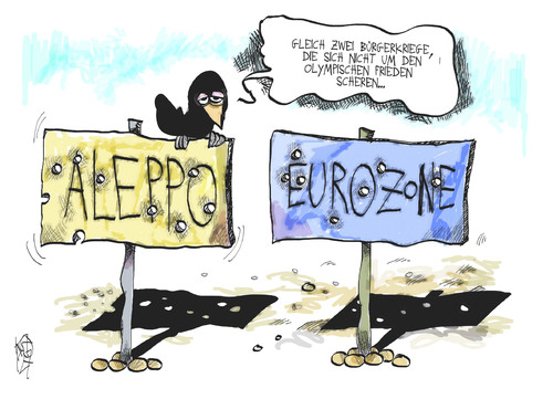 Cartoon: Olympischer Frieden (medium) by Kostas Koufogiorgos tagged olympische,spiele,frieden,aleppo,syrien,bürgerkrieg,euro,zone,schulden,krise,karikatur,kostas,koufogiorgos