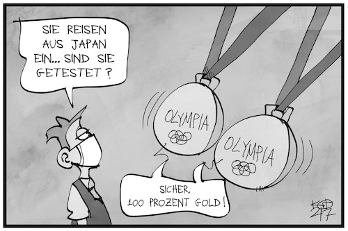 Cartoon: Olympisches Gold (medium) by Kostas Koufogiorgos tagged karikatur,koufogiorgos,illustration,cartoon,olympia,gold,test,reiserückkehrer,japan,karikatur,koufogiorgos,illustration,cartoon,olympia,gold,test,reiserückkehrer,japan