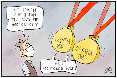 Cartoon: Olympisches Gold (medium) by Kostas Koufogiorgos tagged karikatur,koufogiorgos,illustration,cartoon,olympia,gold,test,reiserückkehrer,jappan,karikatur,koufogiorgos,illustration,cartoon,olympia,gold,test,reiserückkehrer,jappan