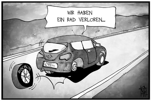 Cartoon: Opel hat ein Rad ab (medium) by Kostas Koufogiorgos tagged schliessung,werk,rad,corsa,opel,bochum,cartoon,illustration,koufogiorgos,karikatur,wirtschaft,autoindustrie,auto,karikatur,koufogiorgos,illustration,cartoon,bochum,opel,corsa,rad,werk,schliessung,auto,autoindustrie,wirtschaft