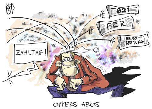 Cartoon: Opfers Abos (medium) by Kostas Koufogiorgos tagged opfer,abo,stuttgart,21,ber,flughafen,michel,euro,rettung,krise,zahlmeister,geld,karikatur,kostas,koufogiorgos,opfer,abo,stuttgart,21,ber,flughafen,michel,euro,rettung,krise,zahlmeister,geld,karikatur,kostas,koufogiorgos