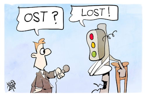 Cartoon: Ost-Lost (medium) by Kostas Koufogiorgos tagged karikatur,koufogiorgos,ampel,ost,lost,interview,journalist,wahlergebnis,thüringen,sachsen,karikatur,koufogiorgos,ampel,ost,lost,interview,journalist,wahlergebnis,thüringen,sachsen