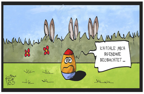 Cartoon: Osterei unter Beobachtung (medium) by Kostas Koufogiorgos tagged karikatur,koufogiorgos,illustration,cartoon,osterei,verstecken,osterhase,beobachtung,ei,osterfest,karikatur,koufogiorgos,illustration,cartoon,osterei,verstecken,osterhase,beobachtung,ei,osterfest