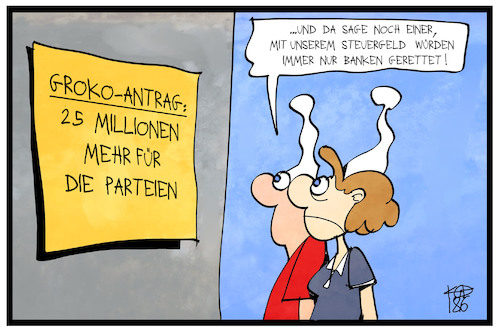 Cartoon: Parteienfinanzierung (medium) by Kostas Koufogiorgos tagged karikatur,koufogiorgos,illustration,cartoon,partei,parteienfinanzierung,groko,spd,cdu,csu,michel,steuergeld,steuerzahler,rettung,banken,demokratie,geld,karikatur,koufogiorgos,illustration,cartoon,partei,parteienfinanzierung,groko,spd,cdu,csu,michel,steuergeld,steuerzahler,rettung,banken,demokratie,geld