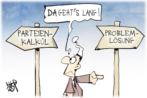 Cartoon: Parteienkalkül vs. Problemlösung (medium) by Kostas Koufogiorgos tagged karikatur,koufogiorgos,parteienkalkül,problemlösung,michel,richtung,karikatur,koufogiorgos,parteienkalkül,problemlösung,michel,richtung