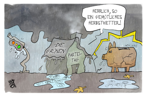 Cartoon: Parteitag der Grünen (medium) by Kostas Koufogiorgos tagged karikatur,koufogiorgos,grüne,parteitag,wetter,herbst,haushalt,ampel,gewitter,karikatur,koufogiorgos,grüne,parteitag,wetter,herbst,haushalt,ampel,gewitter