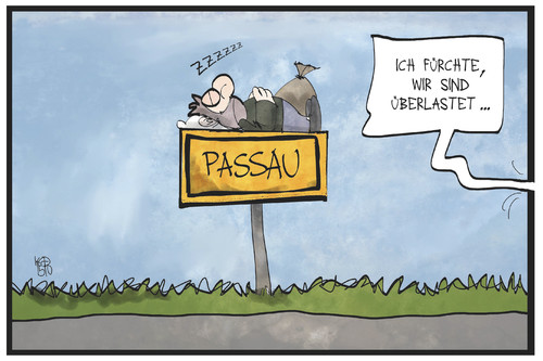 Cartoon: Passau (medium) by Kostas Koufogiorgos tagged karikatur,koufogiorgos,illustration,cartoon,passau,flüchtling,flüchtlingskrise,überlastung,bayern,politik,karikatur,koufogiorgos,illustration,cartoon,passau,flüchtling,flüchtlingskrise,überlastung,bayern,politik