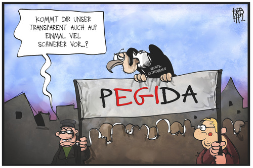 Cartoon: PEGIDA (medium) by Kostas Koufogiorgos tagged karikatur,koufogiorgos,illustration,cartoon,pegida,demo,transparent,geier,rechtsextremismus,last,populismus,politik,karikatur,koufogiorgos,illustration,cartoon,pegida,demo,transparent,geier,rechtsextremismus,last,populismus,politik