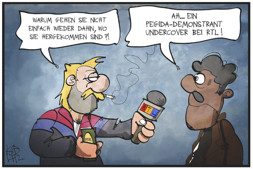 Cartoon: PEGIDA undercover (medium) by Kostas Koufogiorgos tagged karikatur,koufogiorgos,illustration,cartoon,rtl,pegida,asylbewerber,flüchtling,reporter,undercover,medien,inkognito,karikatur,koufogiorgos,illustration,cartoon,rtl,pegida,asylbewerber,flüchtling,reporter,undercover,medien,inkognito