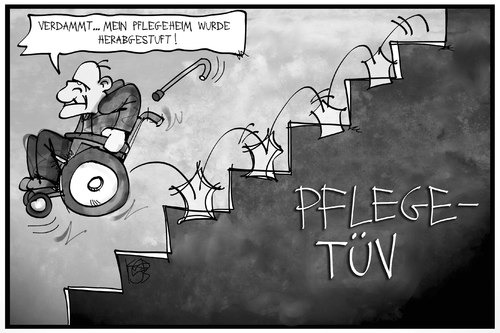 Cartoon: Pflege-TÜV (medium) by Kostas Koufogiorgos tagged karikatur,koufogiorgos,illustration,cartoon,pflege,tuev,pflegeheim,altenheim,senior,rollstuhl,stufe,herabstufung,rating,benotung,demographie,karikatur,koufogiorgos,illustration,cartoon,pflege,tuev,pflegeheim,altenheim,senior,rollstuhl,stufe,herabstufung,rating,benotung,demographie