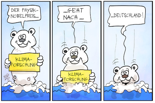 Cartoon: Physik-Nobelpreis (medium) by Kostas Koufogiorgos tagged karikatur,koufogiorgos,illustration,cartoon,nobelpreis,eisbär,klimakrise,erderwärmung,meer,ertrinken,umwelt,natur,wissenschaft,karikatur,koufogiorgos,illustration,cartoon,nobelpreis,eisbär,klimakrise,erderwärmung,meer,ertrinken,umwelt,natur,wissenschaft