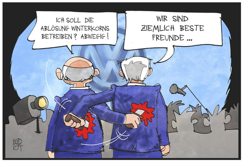 Cartoon: Piech und Winterkorn (medium) by Kostas Koufogiorgos tagged karikatur,koufogiorgos,illustration,cartoon,vw,winterkorn,piech,aufsichtsrat,manager,spitze,konzern,automobil,industrie,wirtschaft,feindschaft,messer,mord,pressekonferenz,lüge,schein,hinterrücks,karikatur,koufogiorgos,illustration,cartoon,vw,winterkorn,piech,aufsichtsrat,manager,spitze,konzern,automobil,industrie,wirtschaft,feindschaft,messer,mord,pressekonferenz,lüge,schein,hinterrücks