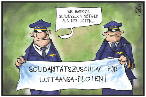 Cartoon: Pilotenstreik (medium) by Kostas Koufogiorgos tagged karikatur,koufogiorgos,illustration,cartoon,lufthansa,piloten,streik,geld,demonstration,arbeitskampf,solidaritätszuschlag,politik,arbeit,karikatur,koufogiorgos,illustration,cartoon,lufthansa,piloten,streik,geld,demonstration,arbeitskampf,solidaritätszuschlag,politik,arbeit