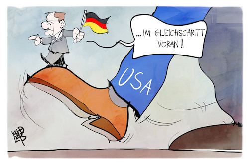Cartoon: Pistorius in den USA (medium) by Kostas Koufogiorgos tagged karikatur,koufogiorgos,usa,deutschland,pistorius,gleichschritt,militär,karikatur,koufogiorgos,usa,deutschland,pistorius,gleichschritt,militär