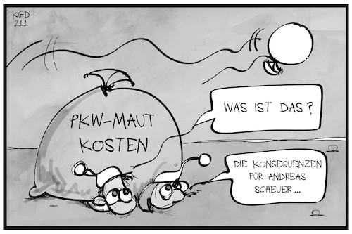 Cartoon: PKW-Maut-Skandal (medium) by Kostas Koufogiorgos tagged karikatur,koufogiorgos,illustration,cartoon,scheuer,pkw,maut,untersuchungsausschuss,folgen,konsequenzen,steuergelder,last,steuerzahler,geld,verschwendung,karikatur,koufogiorgos,illustration,cartoon,scheuer,pkw,maut,untersuchungsausschuss,folgen,konsequenzen,steuergelder,last,steuerzahler,geld,verschwendung