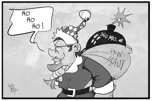 Cartoon: PKW-Maut (medium) by Kostas Koufogiorgos tagged karikatur,koufogiorgos,illustration,cartoon,scheuer,maut,pkw,betreiber,schadensersatz,weihnachtsamenn,geschenk,sack,bombe,geld,steuern,karikatur,koufogiorgos,illustration,cartoon,scheuer,maut,pkw,betreiber,schadensersatz,weihnachtsamenn,geschenk,sack,bombe,geld,steuern