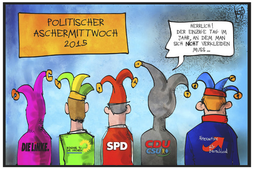 Cartoon: Politischer Aschermittwoch (medium) by Kostas Koufogiorgos tagged karikatur,koufogiorgos,cartoon,illustration,aschermittwoch,verkleidung,kostüm,narren,politiker,partei,afd,cdu,csu,linke,spd,grüne,schlagabtausch,polemik,politik,karikatur,koufogiorgos,cartoon,illustration,aschermittwoch,verkleidung,kostüm,narren,politiker,partei,afd,cdu,csu,linke,spd,grüne,schlagabtausch,polemik,politik