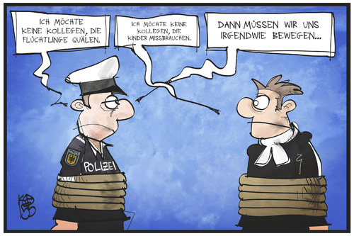 Cartoon: Polizeigewalt (medium) by Kostas Koufogiorgos tagged karikatur,koufogiorgos,illustration,cartoon,kollegen,polizei,kirche,pädophilie,gewalt,fessel,geisel,arbeit,karikatur,koufogiorgos,illustration,cartoon,kollegen,polizei,kirche,pädophilie,gewalt,fessel,geisel,arbeit