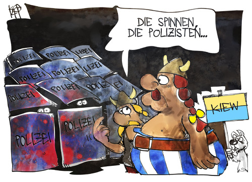 Cartoon: Polizeigewalt in der Ukraine (medium) by Kostas Koufogiorgos tagged illustration,karikatur,cartoon,koufogiorgos,ukraine,polizei,demonstration,asterix,idefix,obelix,gewalt,kiew,illustration,karikatur,cartoon,koufogiorgos,ukraine,polizei,demonstration,asterix,idefix,obelix,gewalt,kiew