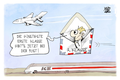 Cartoon: Post- erste Klasse (medium) by Kostas Koufogiorgos tagged karikatur,koufogiorgos,post,verkehr,bahn,klassensystem,fahrgast,transport,karikatur,koufogiorgos,post,verkehr,bahn,klassensystem,fahrgast,transport