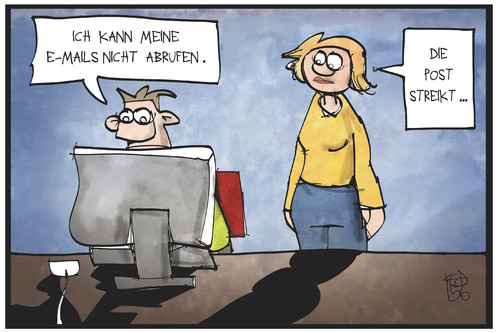 Cartoon: Post-Streik (medium) by Kostas Koufogiorgos tagged karikatur,koufogiorgos,illustration,cartoon,post,streik,computer,email,arbeitskampf,zustellung,karikatur,koufogiorgos,illustration,cartoon,post,streik,computer,email,arbeitskampf,zustellung