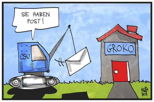 Cartoon: Post aus Bayern (medium) by Kostas Koufogiorgos tagged karikatur,koufogiorgs,illustration,cartoon,brief,bayern,csu,abrissbirne,groko,haus,regierung,koalition,koalitionsbruch,politik,karikatur,koufogiorgs,illustration,cartoon,brief,bayern,csu,abrissbirne,groko,haus,regierung,koalition,koalitionsbruch,politik