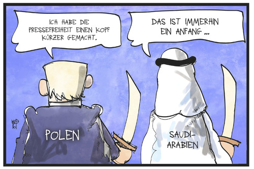 Cartoon: Pressefreiheit in Polen (medium) by Kostas Koufogiorgos tagged karikatur,koufogiorgos,illustration,cartoon,saudi,arabien,polen,pressefreiheit,exekution,köpfen,demokratie,menschenrechte,karikatur,koufogiorgos,illustration,cartoon,saudi,arabien,polen,pressefreiheit,exekution,köpfen,demokratie,menschenrechte