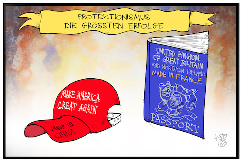 Cartoon: Protektionismus (medium) by Kostas Koufogiorgos tagged karikatur,koufogiorgos,illustration,cartoon,protektionismus,erfolg,usa,maga,basecap,made,china,france,uk,passport,populismus,wirtschaft,karikatur,koufogiorgos,illustration,cartoon,protektionismus,erfolg,usa,maga,basecap,made,china,france,uk,passport,populismus,wirtschaft