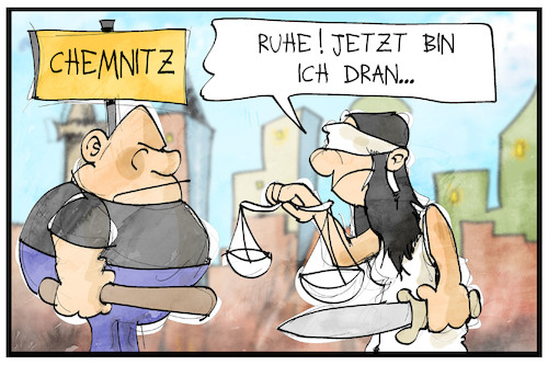 Cartoon: Prozessbeginn in Chemnitz (medium) by Kostas Koufogiorgos tagged karikatur,koufogiorgos,illustration,cartoon,chemnitz,justitia,prozess,rechtsextremismus,gewalt,karikatur,koufogiorgos,illustration,cartoon,chemnitz,justitia,prozess,rechtsextremismus,gewalt