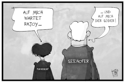 Cartoon: Puigdemont und Seehofer in Angst (medium) by Kostas Koufogiorgos tagged karikatur,koufogiorgos,illustration,cartoon,puigdemont,seehofer,rajoy,söder,csu,politik,spanien,katalonien,separatismus,haftbefehl,partei,karikatur,koufogiorgos,illustration,cartoon,puigdemont,seehofer,rajoy,söder,csu,politik,spanien,katalonien,separatismus,haftbefehl,partei