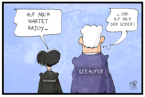 Cartoon: Puigdemont und Seehofer in Angst (medium) by Kostas Koufogiorgos tagged karikatur,koufogiorgos,illustration,cartoon,puigdemont,seehofer,rajoy,söder,csu,politik,spanien,katalonien,separatismus,haftbefehl,partei,karikatur,koufogiorgos,illustration,cartoon,puigdemont,seehofer,rajoy,söder,csu,politik,spanien,katalonien,separatismus,haftbefehl,partei