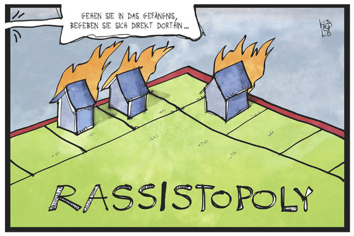 Cartoon: Rassistopoly (medium) by Kostas Koufogiorgos tagged karikatur,koufogiorgos,illustration,cartoon,rechtsextremismus,rassismus,spiel,haus,brand,brandstiftung,asylbewerber,flüchtlinge,heim,unterkunft,brandanschlag,karikatur,koufogiorgos,illustration,cartoon,rechtsextremismus,rassismus,spiel,haus,brand,brandstiftung,asylbewerber,flüchtlinge,heim,unterkunft,brandanschlag