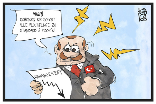 Cartoon: Rating Türkei (medium) by Kostas Koufogiorgos tagged koufogiorgos,illustration,cartoon,karikatur,tuerkei,erdogan,standard,poors,rating,agentur,flüchtlinge,erpressung,beleidigt,präsident,wirtschaft,politik,koufogiorgos,illustration,cartoon,karikatur,tuerkei,erdogan,standard,poors,rating,agentur,flüchtlinge,erpressung,beleidigt,präsident,wirtschaft,politik