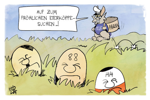 Cartoon: Razzia gegen Neonazis (medium) by Kostas Koufogiorgos tagged karikatur,koufogiorgos,razzia,neonazi,osterhase,eierköppe,eiersuche,osterei,karikatur,koufogiorgos,razzia,neonazi,osterhase,eierköppe,eiersuche,osterei