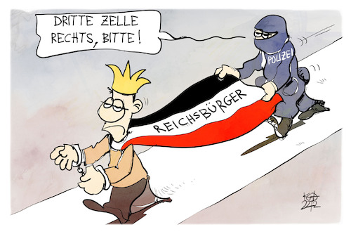 Cartoon: Razzia in der Reichsbürgerszene (medium) by Kostas Koufogiorgos tagged karikatur,koufogiorgos,razzia,gefängnis,verhaftung,polizei,könig,kaiser,reichsbürger,karikatur,koufogiorgos,razzia,gefängnis,verhaftung,polizei,könig,kaiser,reichsbürger