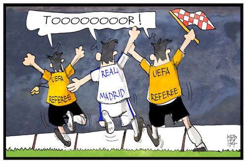 Cartoon: Real Madrid (medium) by Kostas Koufogiorgos tagged karikatur,koufogiorgos,illustration,cartoon,real,madrid,bayern,münchen,fussball,champions,league,schiedsrichter,betrug,jubel,fehlentscheidung,karikatur,koufogiorgos,illustration,cartoon,real,madrid,bayern,münchen,fussball,champions,league,schiedsrichter,betrug,jubel,fehlentscheidung