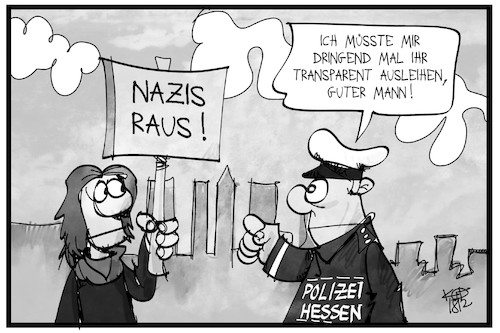 Cartoon: Rechtsextreme Polizisten (medium) by Kostas Koufogiorgos tagged karikatur,koufogiorgos,illustration,cartoon,polizei,hessen,demonstrant,nazis,transparent,plakat,schild,rechtsextremismus,netzwerk,nsu,karikatur,koufogiorgos,illustration,cartoon,polizei,hessen,demonstrant,nazis,transparent,plakat,schild,rechtsextremismus,netzwerk,nsu