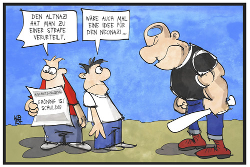 Cartoon: Rechtsextremismus (medium) by Kostas Koufogiorgos tagged karikatur,koufogiorgos,illustration,cartoon,gröning,ss,nazi,neonazi,rechtsextremismus,terrorismus,politik,rechtsextrem,problem,urteil,skinhead,auschwitz,prozess,karikatur,koufogiorgos,illustration,cartoon,gröning,ss,nazi,neonazi,rechtsextremismus,terrorismus,politik,rechtsextrem,problem,urteil,skinhead,auschwitz,prozess