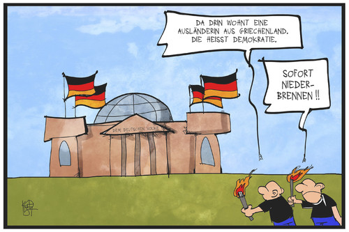 Cartoon: Rechtsextremismus (medium) by Kostas Koufogiorgos tagged karikatur,koufogiorgos,illustration,cartoon,rechtsextremismus,bundestag,reichstag,demokratie,griechisch,griechin,ausländerin,deutschland,neonazi,anschlag,feuer,brandanschlag,flüchtlinge,karikatur,koufogiorgos,illustration,cartoon,rechtsextremismus,bundestag,reichstag,demokratie,griechisch,griechin,ausländerin,deutschland,neonazi,anschlag,feuer,brandanschlag,flüchtlinge