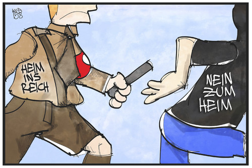 Cartoon: Rechtsextremismus (medium) by Kostas Koufogiorgos tagged karikatur,koufogiorgos,illustration,cartoon,heim,reich,asylbewerber,flüchtlingsheim,rechtsextremismus,neonazi,staffel,stab,übergabe,lauf,fremdenfeindlichkeit,ausländerfeindlichkeit,karikatur,koufogiorgos,illustration,cartoon,heim,reich,asylbewerber,flüchtlingsheim,rechtsextremismus,neonazi,staffel,stab,übergabe,lauf,fremdenfeindlichkeit,ausländerfeindlichkeit