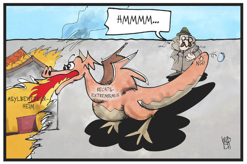 Cartoon: Rechtsextremismus (medium) by Kostas Koufogiorgos tagged karikatur,koufogiorgos,illustration,cartoon,rechtsextremismus,drache,monster,nsu,detektiv,untersuchung,terrorismus,brand,feuer,asylbewerber,flüchtling,heim,unterkunft,kriminalität,brandanschlag,neonazi,karikatur,koufogiorgos,illustration,cartoon,rechtsextremismus,drache,monster,nsu,detektiv,untersuchung,terrorismus,brand,feuer,asylbewerber,flüchtling,heim,unterkunft,kriminalität,brandanschlag,neonazi