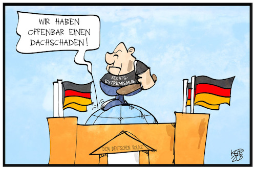 Cartoon: Rechtsextremismus (medium) by Kostas Koufogiorgos tagged karikatur,koufogiorgos,illustration,cartoon,rechtsextremismus,reichstag,bundestag,neonazi,terrorismus,rechtsterrorismus,debatte,demokratie,dachschaden,bedrohung,karikatur,koufogiorgos,illustration,cartoon,rechtsextremismus,reichstag,bundestag,neonazi,terrorismus,rechtsterrorismus,debatte,demokratie,dachschaden,bedrohung